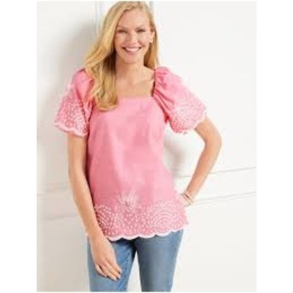 Talbots Women’s Linen Blend Square Neck Embroidered Pineapple Blouse Size MP